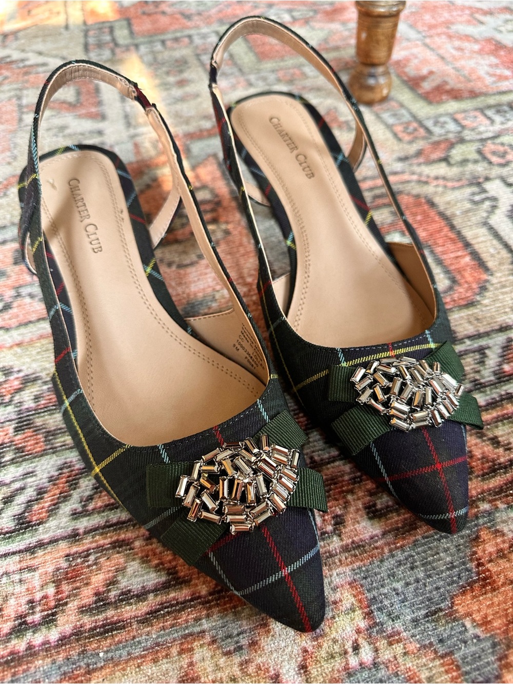 Charter Club Tartan Plaid Jeweled Bow Slingback Kitten Heels Pumps 9M